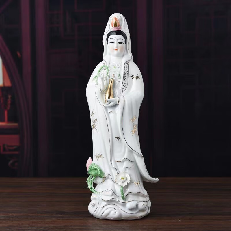 白玉瓷 南海观音 观世音菩萨佛像站莲造型佛教家用雕塑陶瓷摆件 12寸