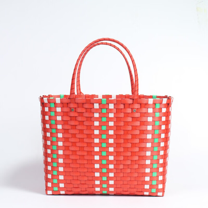 懿儱佩手工编织菜篮子藤编塑料手提篮买菜蓝子洗澡蓝购物篮 大号红绿