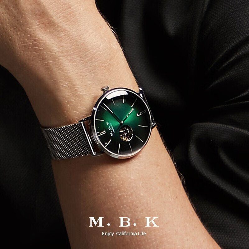 M.B.K美国品牌进口手表男士全自动机械表镂空弧面夜光防水十大男士腕表 M1009G1碧玉绿面皮带进口机芯