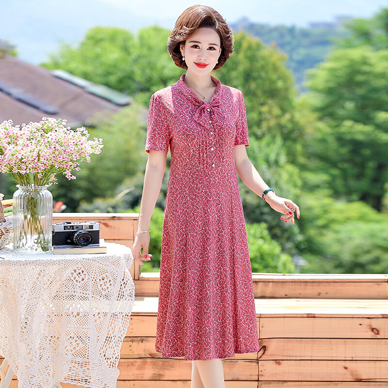 apep中老年女夏装连衣裙高弹力50岁中年妈妈夏季短袖宽松碎花过膝长裙