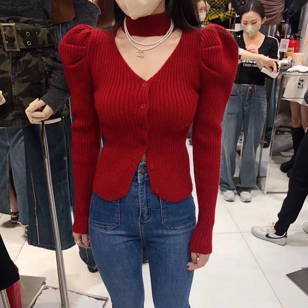 露背毛衣性感美丽大方v领挂脖针织衫秋冬季v领性感针织衫女秋冬洋气内