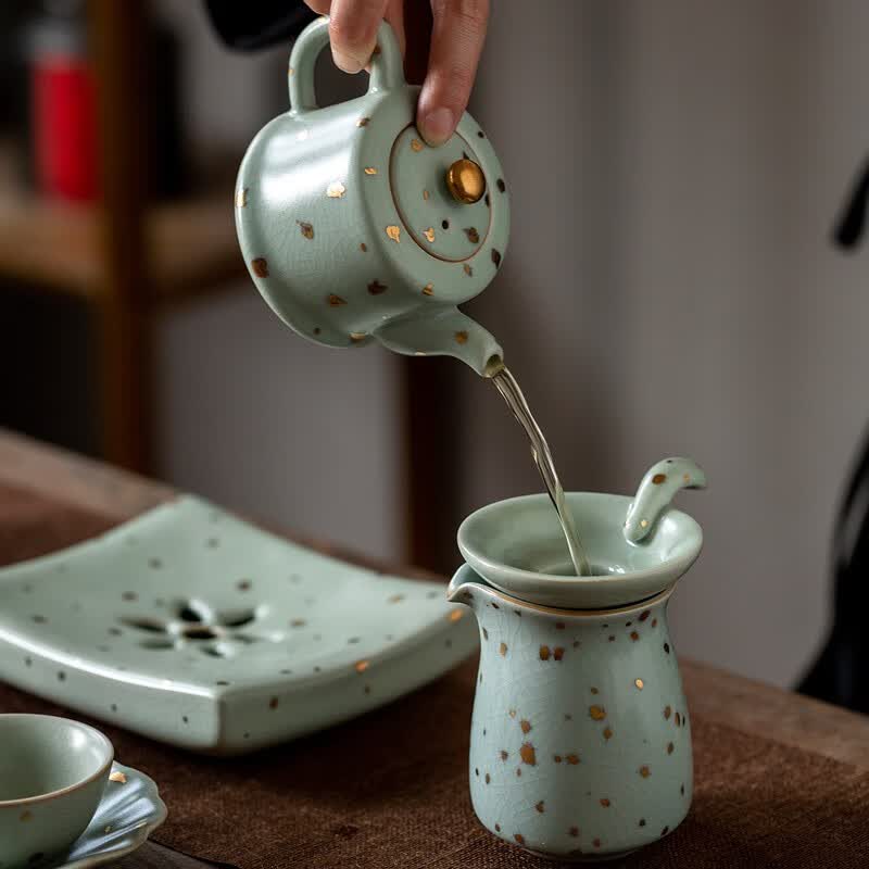 京峰阁 功夫茶具套装 汝窑拍金傲然茶壶茶杯可开片高档轻奢家用送礼盒装 拍金傲然茶壶套装 6人饮 17件