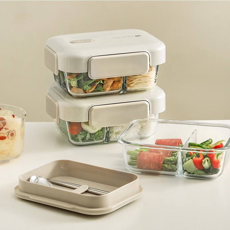 馋东馋西 玻璃饭盒上班族可微波炉加热小学生专用餐盒分隔保温便当盒TT 玻璃饭盒-2分隔+饭盒袋(+筷勺)