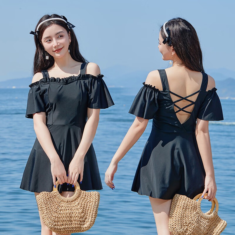 祈珏剪标款新款露背性感泳衣v字交叉露肩吊带连体泳衣纯色显瘦温泉泳