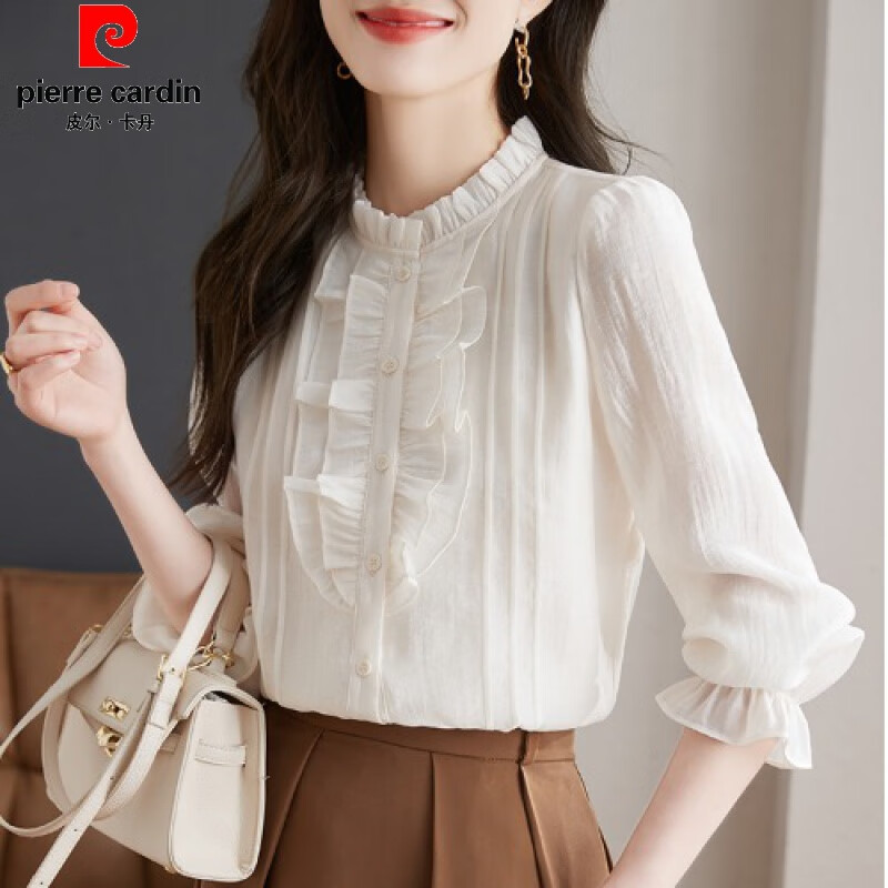 皮尔卡丹(pierre cardin)法式荷叶领雪纺衬衫女士春季2024年新款白色