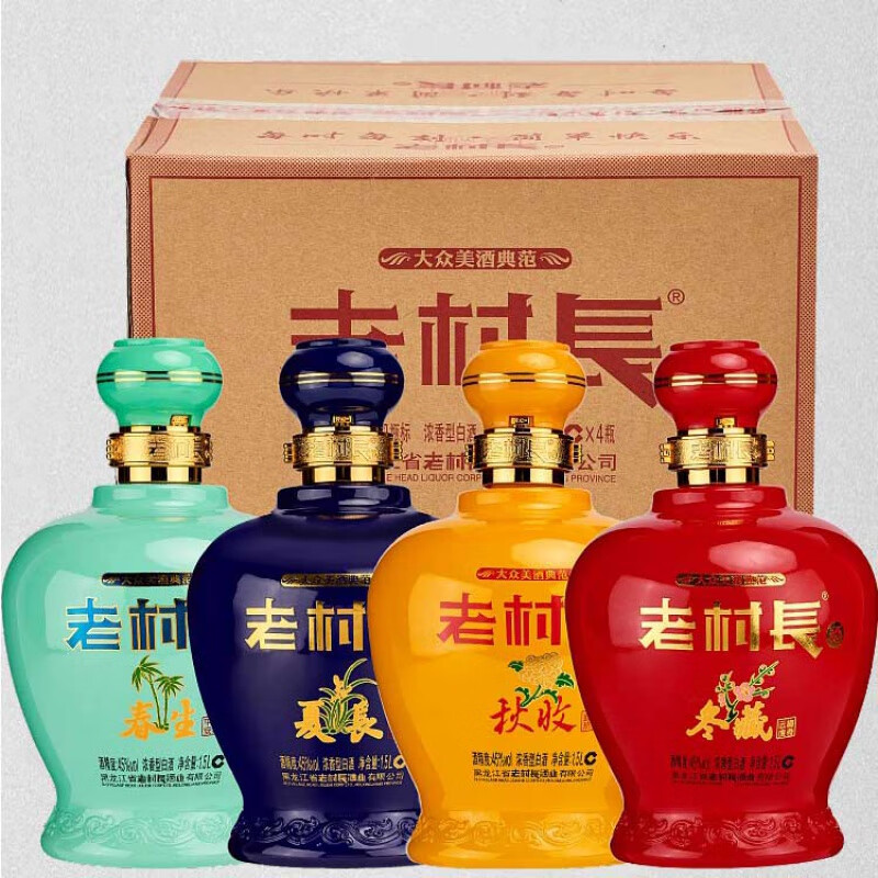 俏滋郎东北老村长酒春夏秋冬45度1.5l*4大坛浓香型白酒整箱装