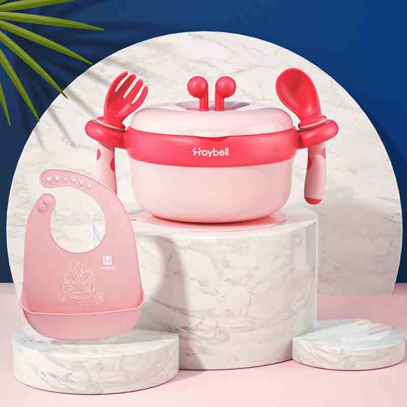好伊贝(HOY BELL)儿童餐具 婴儿注水保温碗316防刮花吸盘碗儿童辅食碗勺套装+围兜 茜粉