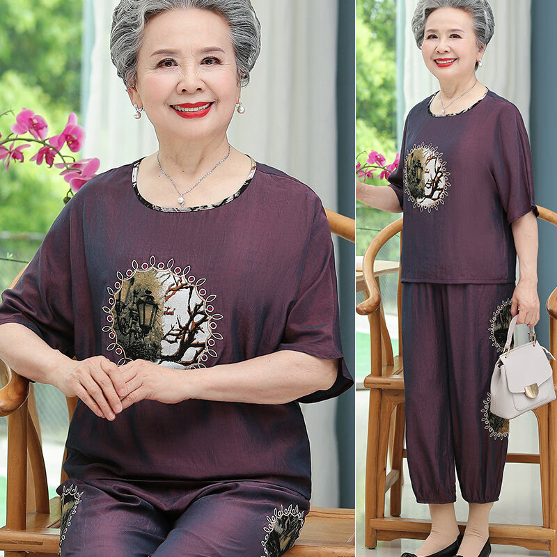 爱雅玛雅夏季套装宽松大码中老年女奶奶T恤衫老太太60到80岁洋气两件套 紫色套装923 5XL(建议140-150斤)