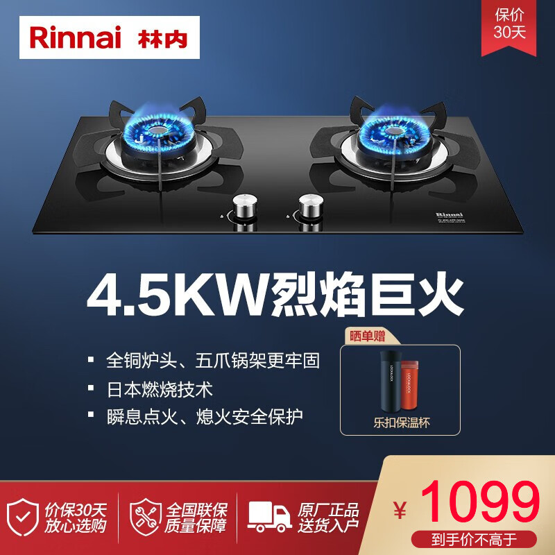 林内（Rinnai）家用嵌入式燃气灶 一级能效4.5KW 日本燃烧技术 烈焰巨火系列 2E02M 天然气