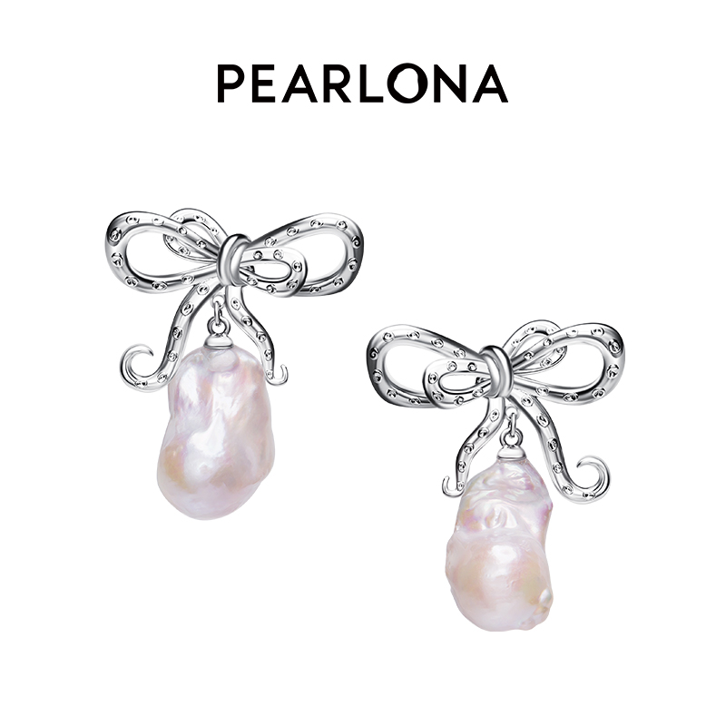 PEARLONA章鱼蝴蝶结耳环女新品巴洛克珍珠耳钉酷迷幻海洋夸张耳饰