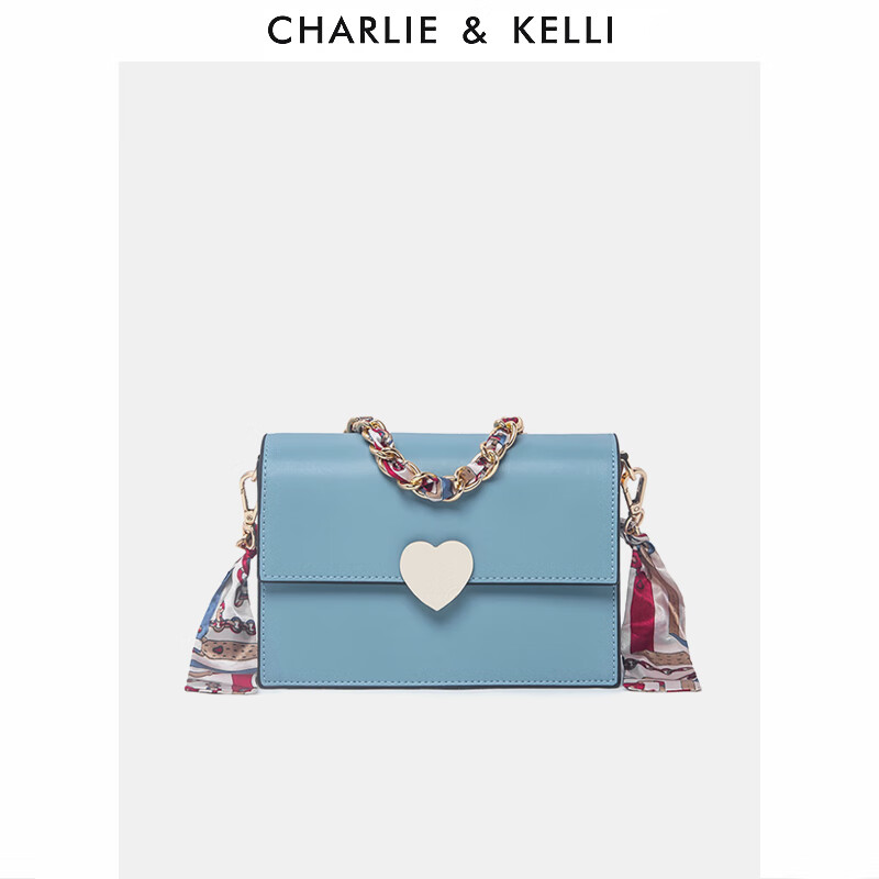 CHARLIE&KELLI品牌包包2021新款潮CK超火情人节爱心扣丝巾链条女斜挎包 清新蓝