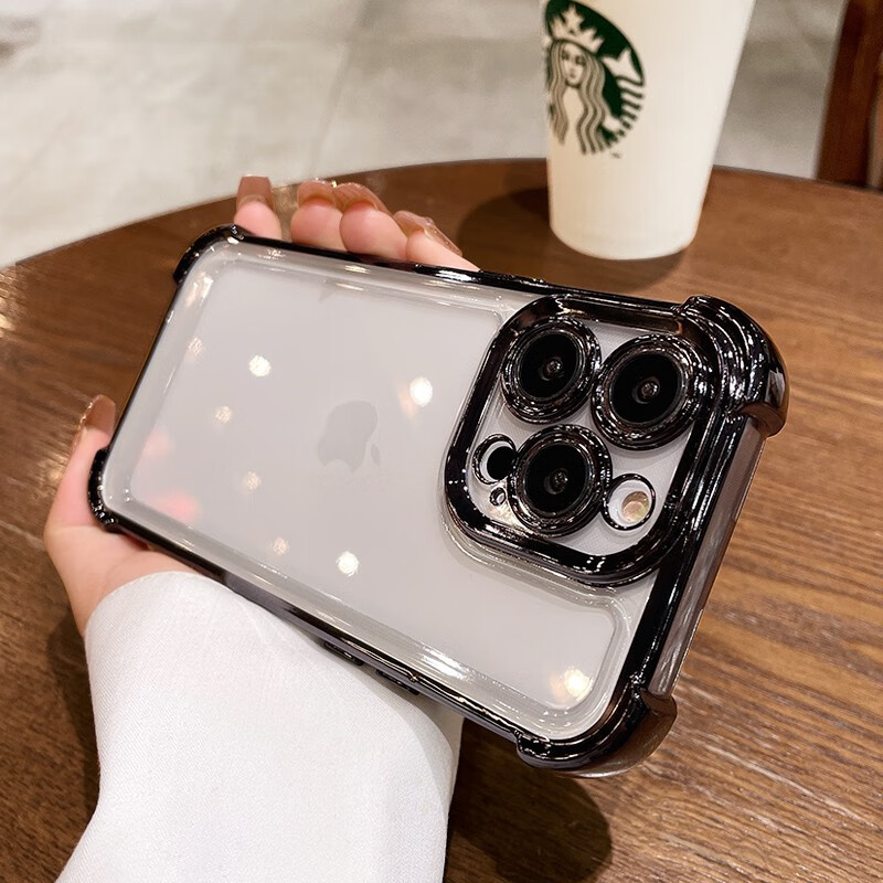 韵宁四角气囊加厚防摔适用苹果17手机壳苍岭绿电镀iPhone手机保护壳新款透明高级感全包镜头保护轻奢 黑色-四角防摔太空壳 iPhone13