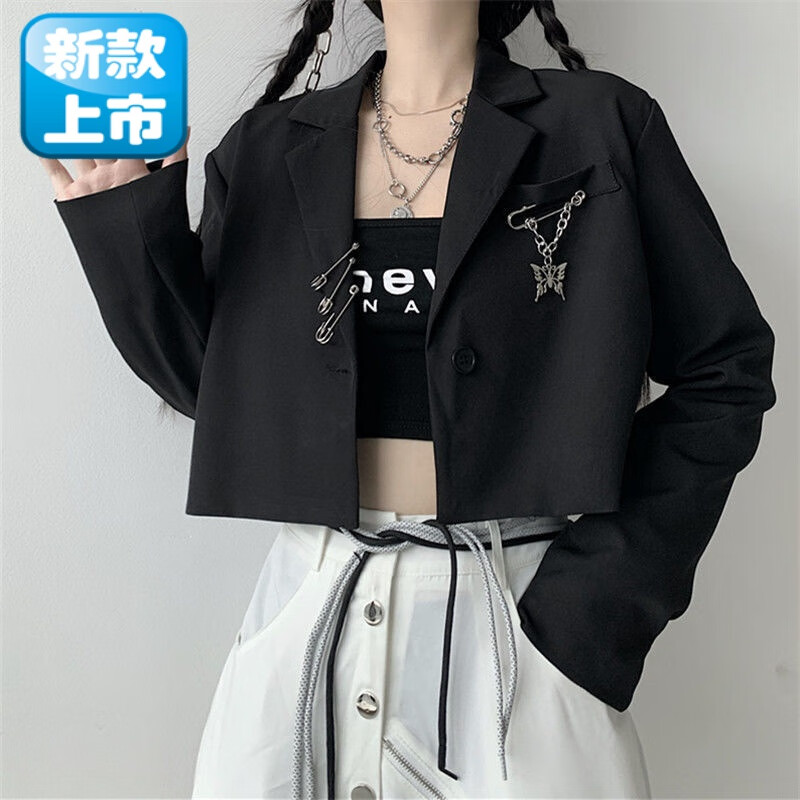 今年减年龄秋季黑色炸街西装外套女设计感小众宽松短款高腰西服女上衣