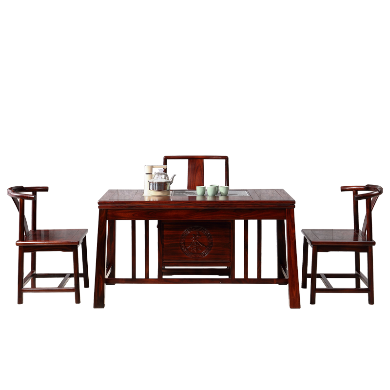 木中央 红木家具 印尼黑酸枝(学名:阔叶黄檀)中式茶桌茶桌椅组合 实木功夫茶台 客厅多功能自动电磁炉 四方得利茶桌+主椅+4半圈椅 148*70*71cm