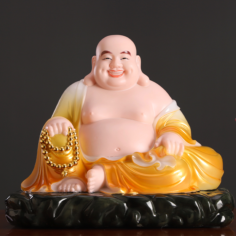 汉白玉弥勒佛家用笑佛大肚弥勒佛念珠布袋弥勒玄关摆件 富贵黄款 12寸