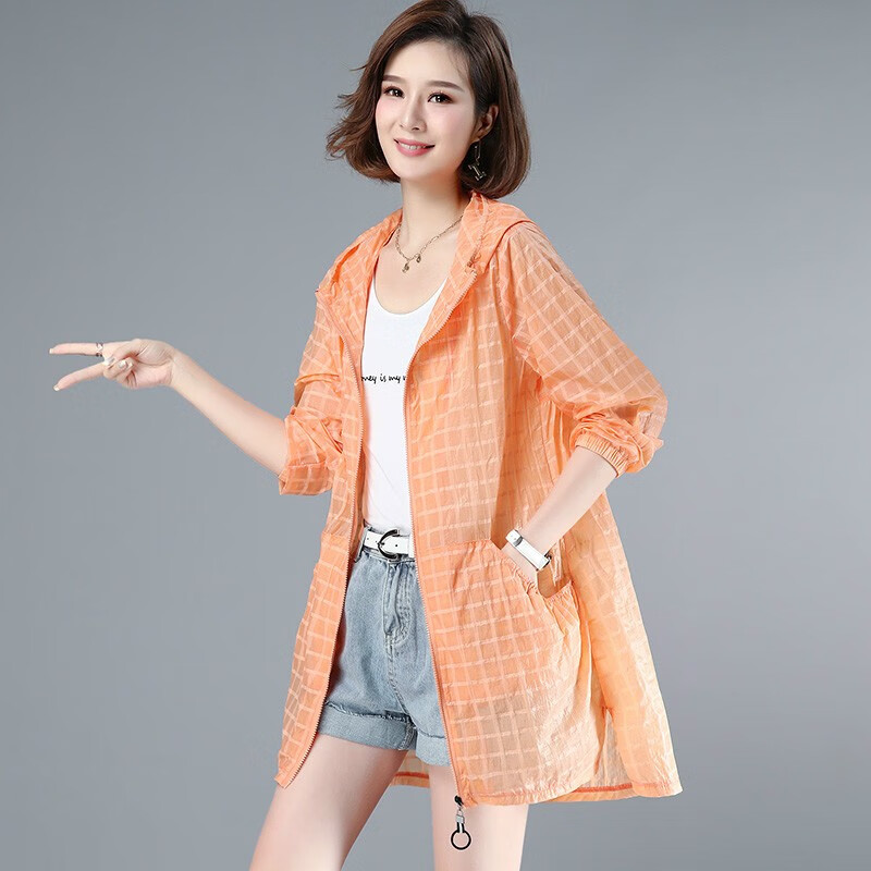 春夏外套女薄款新款格子夏装时尚宽松休闲连帽中长上衣 浅橘 m