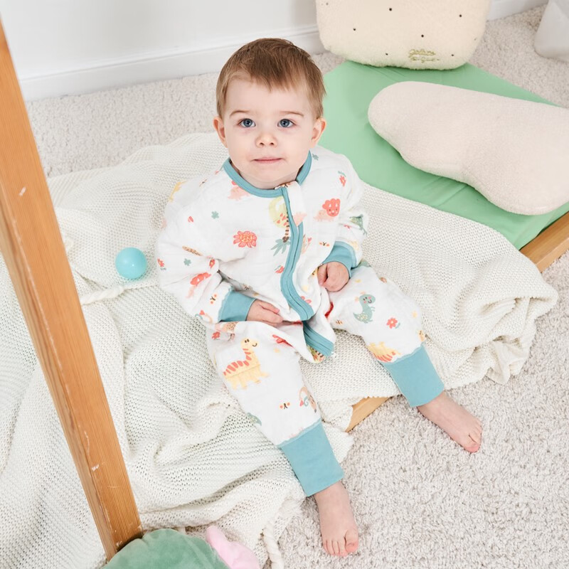 甜蜜礼物棉分腿睡袋婴幼儿童男女宝宝防踢被可拆袖抱被秋冬季新款睡衣 空气层三拉头【18-24度】白恐龙 100码(身高90-100CM)2-4岁