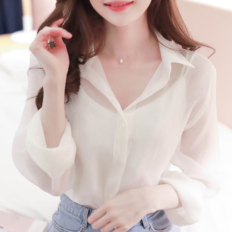 奥若文半透明衬衫女微透超薄夏季上衣白色雪纺透视春装性感轻熟外穿