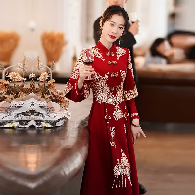 塞德勒敬酒服新娘秋冬季加厚中式结婚礼服女长袖回门答谢宴显瘦小个子 酒红色中长款（衣长110厘米左右） L怎么看?