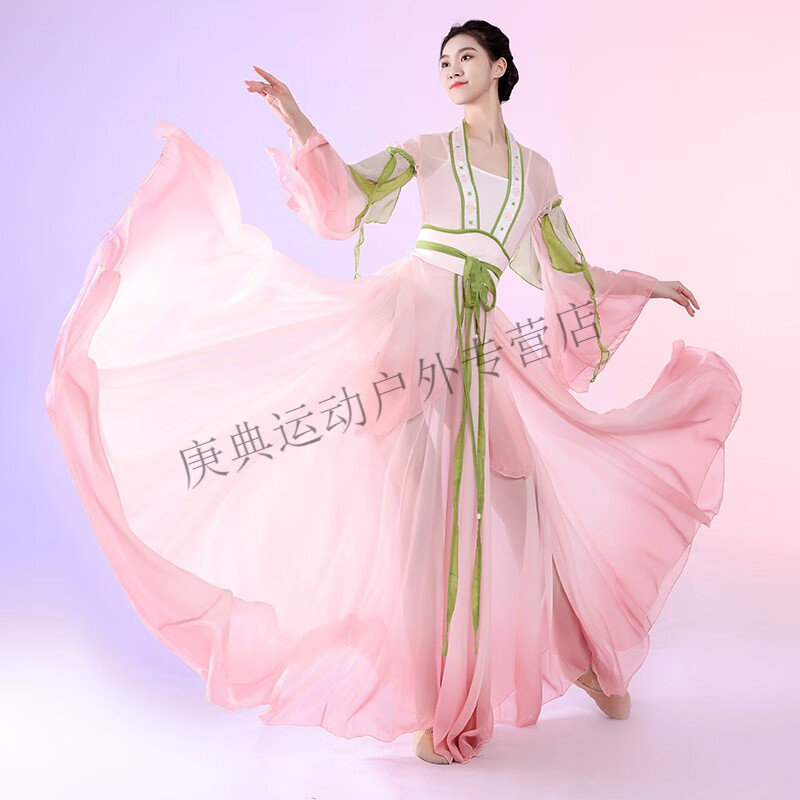 炫逐古典舞蹈服女飘逸古风身韵纱衣外披上衣汉唐演出服练功服大摆裙 盈盈粉上衣+羽袖 S