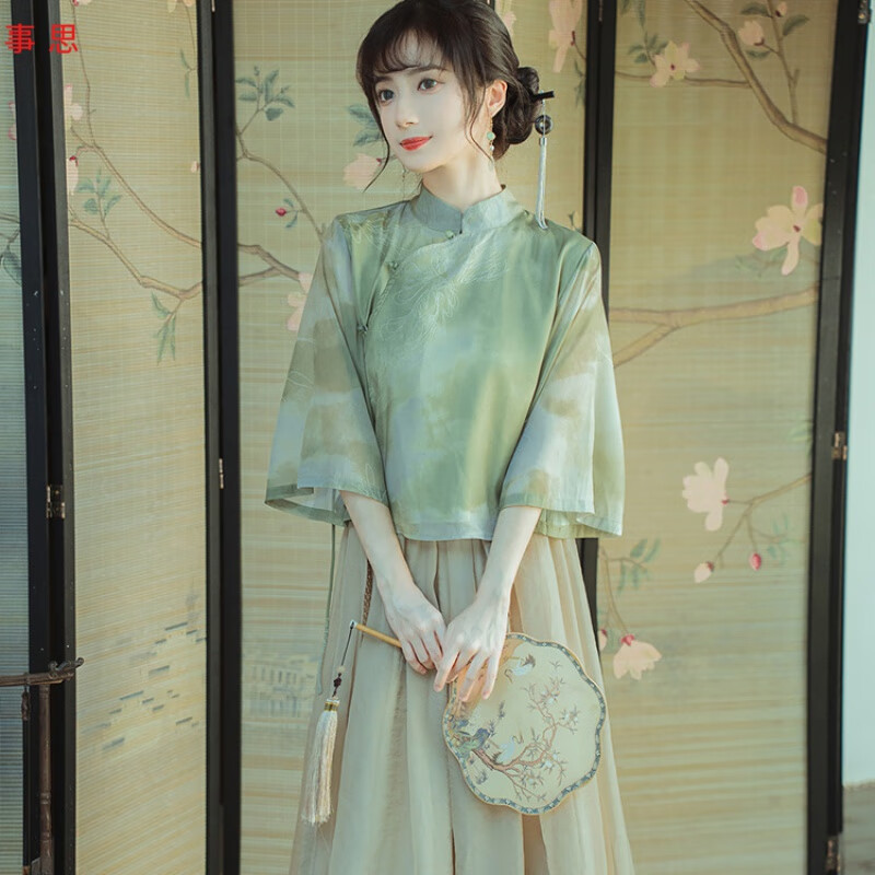 事思新中式春夏禅意茶服女旗袍两件装件套改良文艺中国风显瘦民国风小 绿色套装 L属于什么档次？
