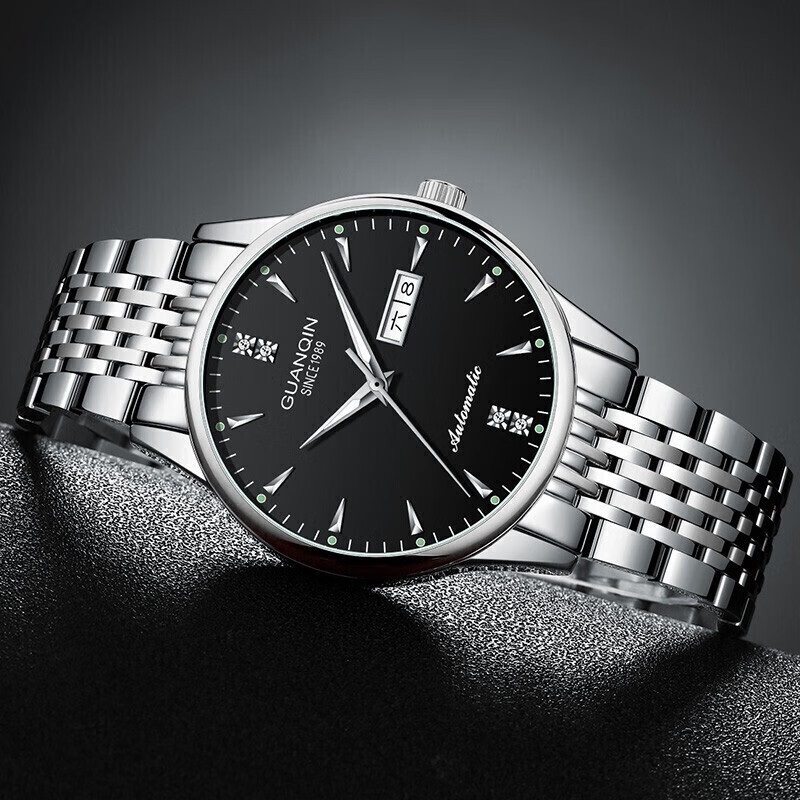 冠琴（GUANQIN） 名表 新款手表男士全自动机械商务休闲防水夜光男表精钢时尚简约 冠琴 16221精钢黑面 免费刻字