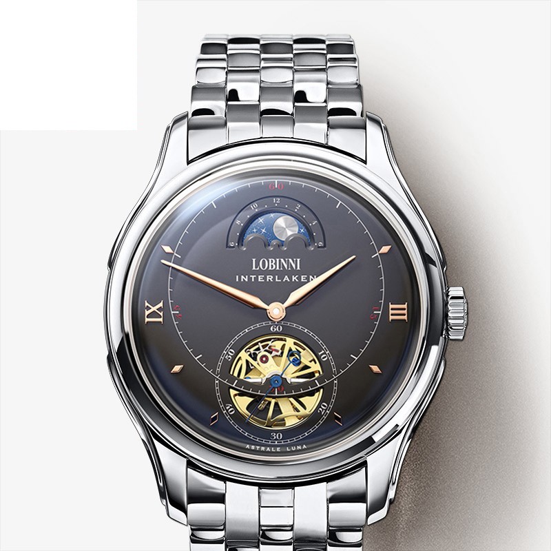 罗宾尼(lobinni)手表男全自动机械表飞轮镂空背透时尚防水男表瑞士