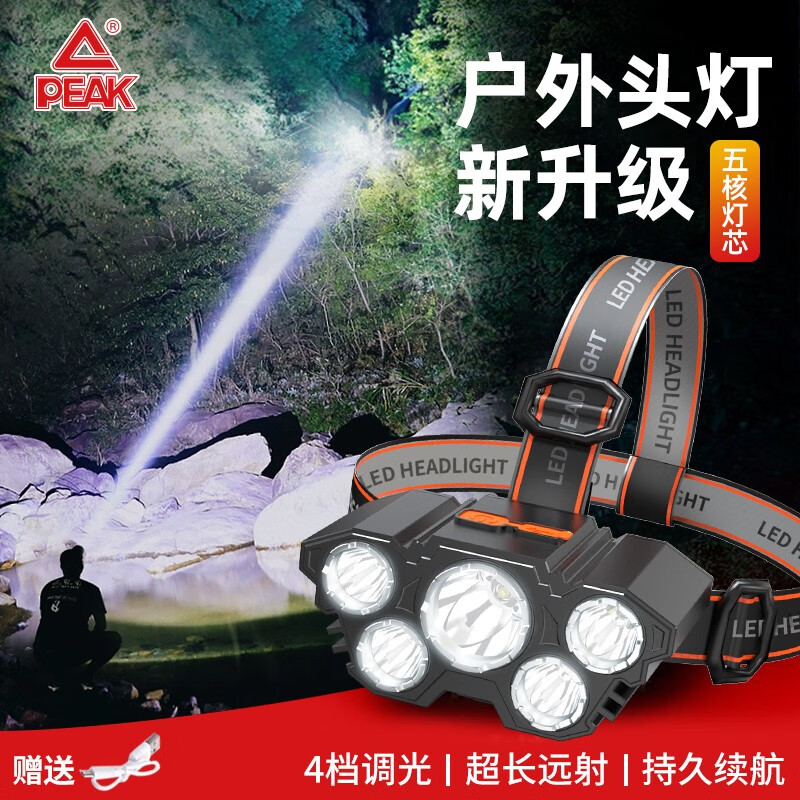匹克（PEAK）头灯强光超亮户外露营赶海夜钓鱼防水工作矿头戴式长续航照明手电 升级强光超亮款-锂电池续航6H