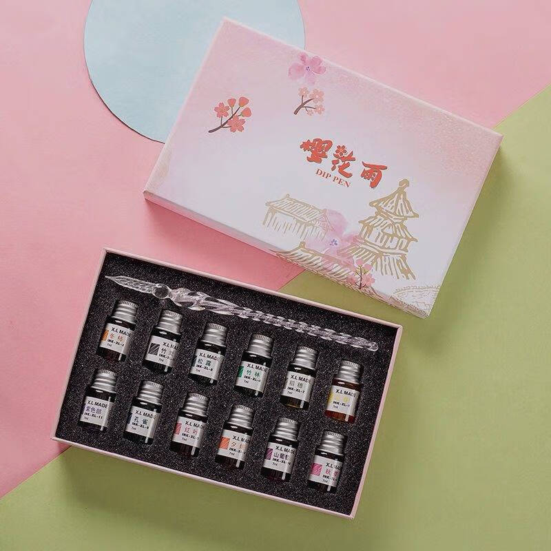 蘸水钢笔古风彩墨流沙笔学生网红生日礼品盒套装 樱花雨13件(樱花)