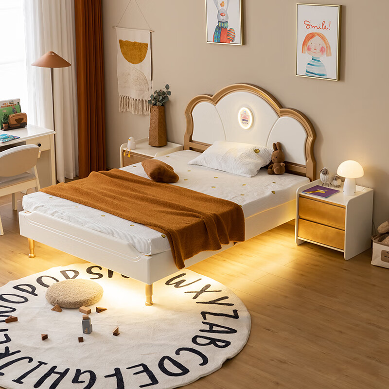 意特尔简约美式实木床白色智能夜光床单人床双人大床1.