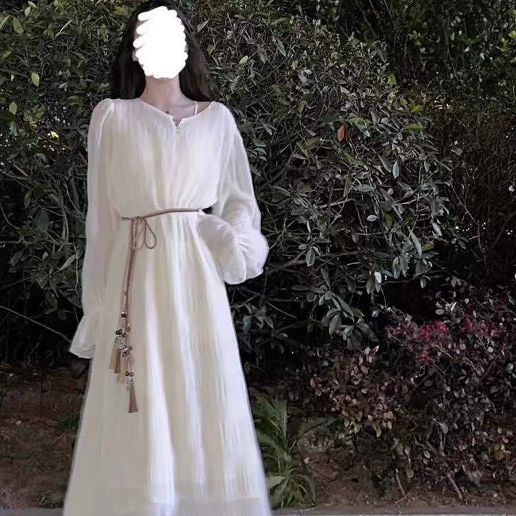 个子穿搭170及踝超长裙加长版法式甜美泡泡袖连衣裙女白月 白色连衣裙