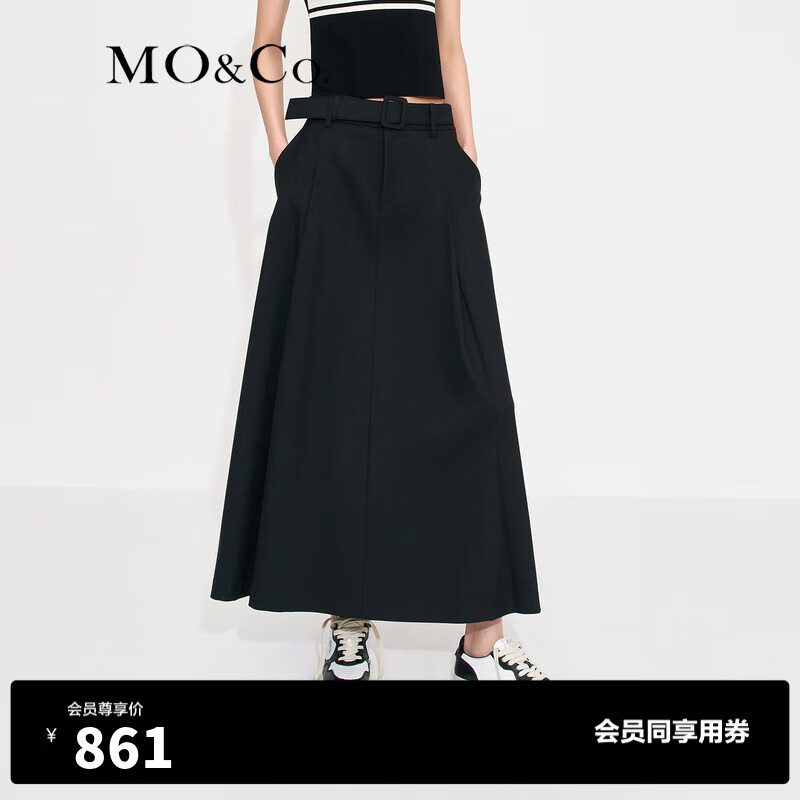 MO&Co.中高腰长款压褶宽松A字半身裙伞裙(附腰带)设计感裙子 黑色-第2批 L/170