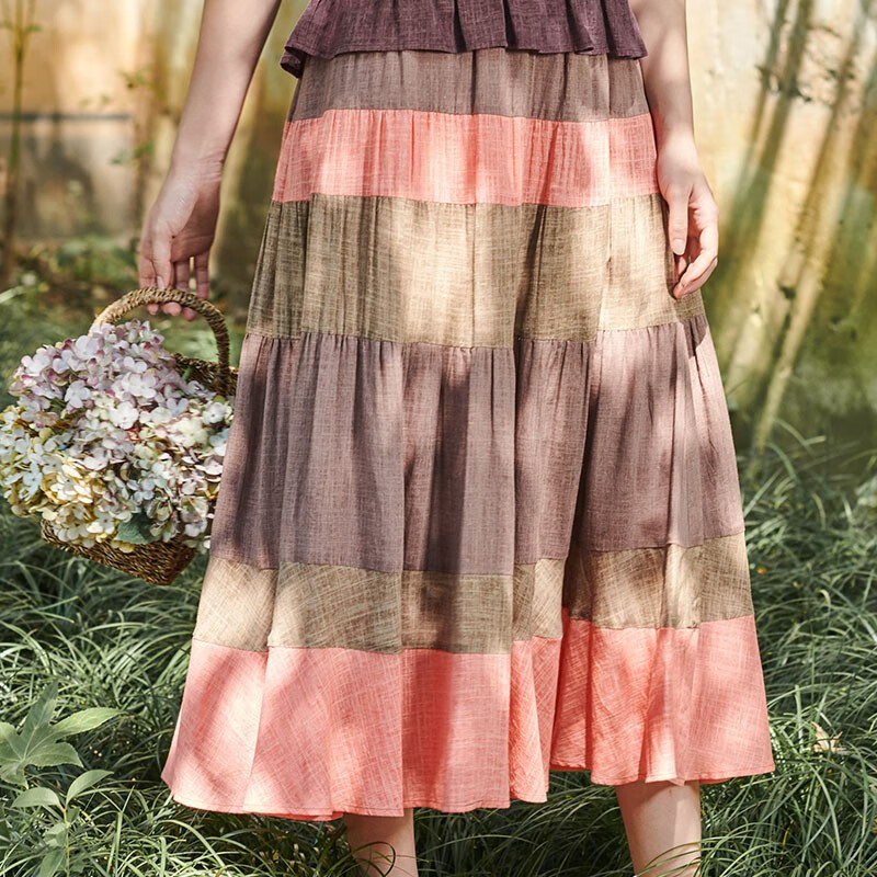 夏季新款原创复古时尚日常休闲中式搭配拼接长款半身裙女 豆沙色 L