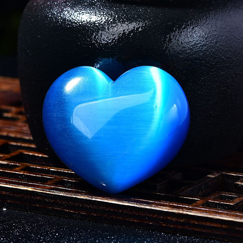 爱心摆件彩色猫眼心形石头把玩手把件家居摆设礼物 蓝色猫眼爱心一个