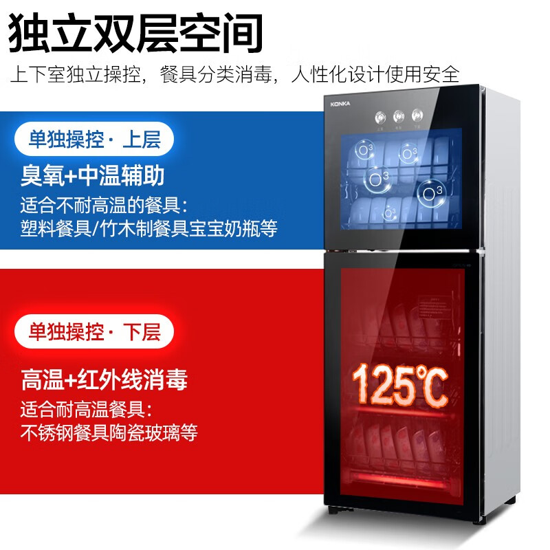 康佳（KONKA）商用消毒柜家用消毒碗柜立式臭氧杀菌红外线高温消毒65L双门ZTP108K21