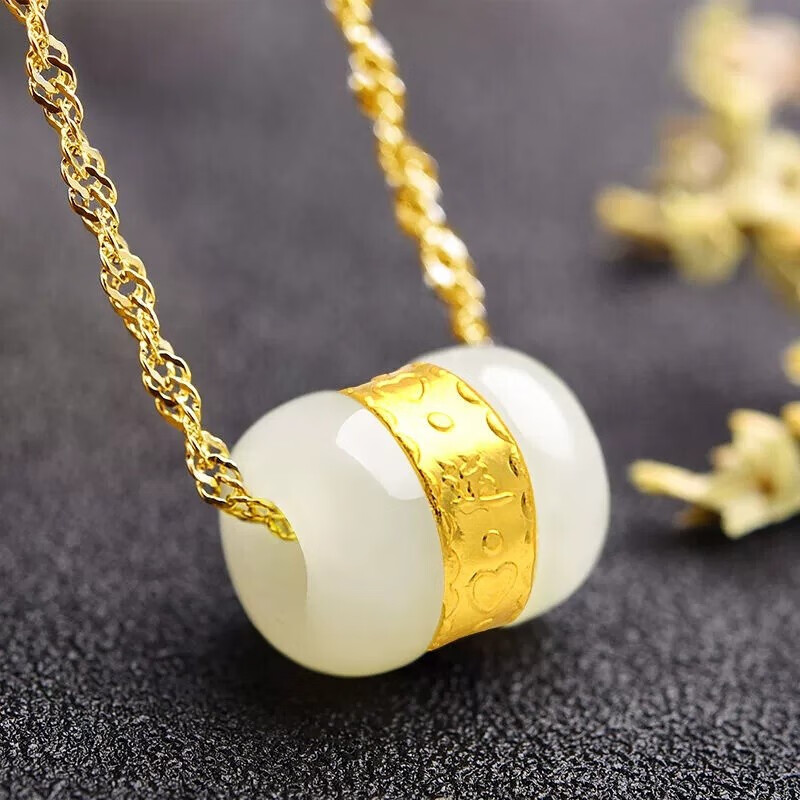 展铂款和田玉 金镶玉项链路路通转运珠吊坠 男女款送证书链子