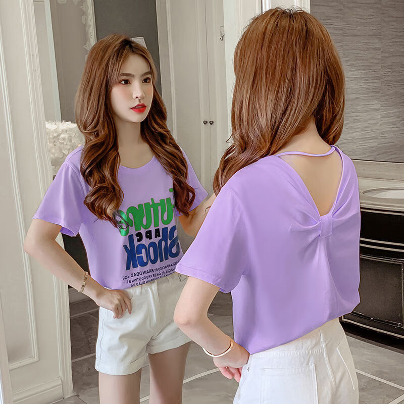 短袖T恤女2021夏新款韩版宽松洋气设计感小心机打结镂空露背上衣 紫色 M