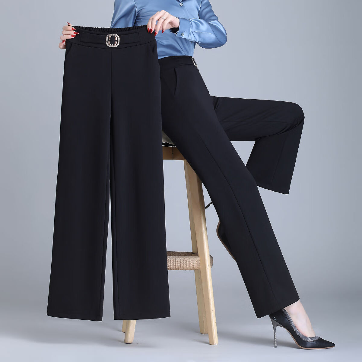 星垂晓雾四十岁左右中年妇女穿的黑色高腰阔腿裤女2023年新款春秋季垂