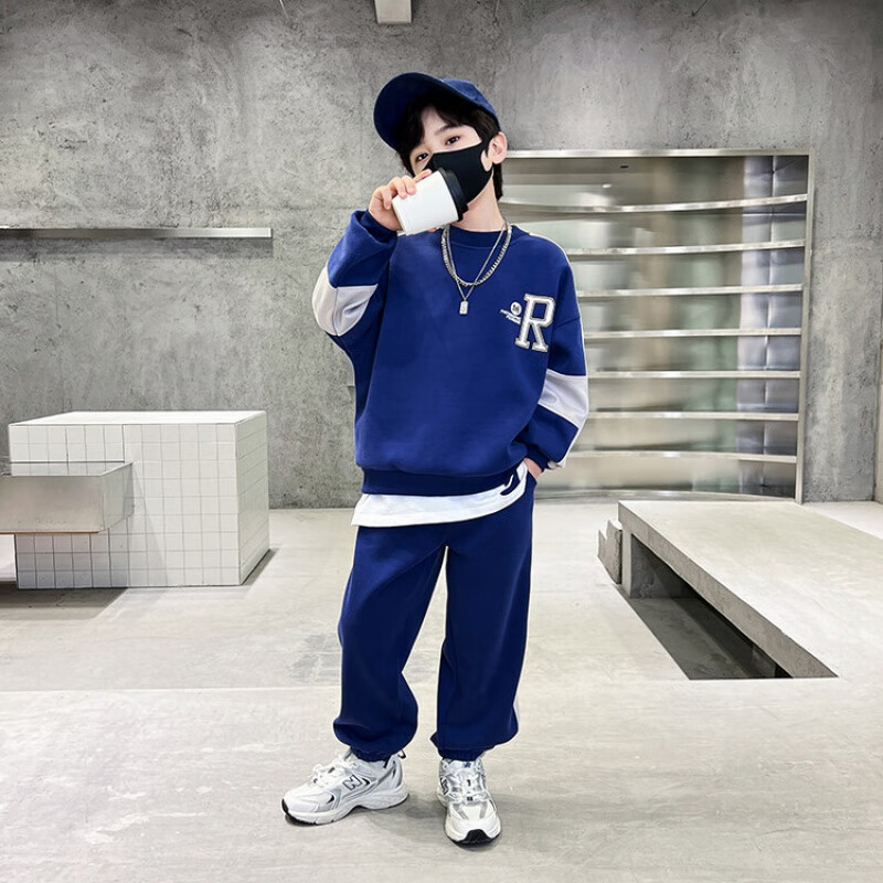 男童套装春秋款帅气中大童卫衣裤子休闲运动两件套小男孩衣服 藏青色