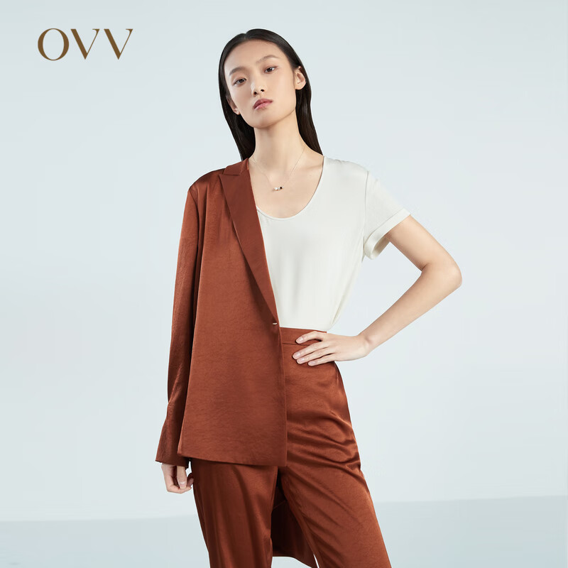 OVV2023春夏新款女装缎面三醋酸优雅休闲戗驳领随附腰带西服 红棕(净色)03 XS
