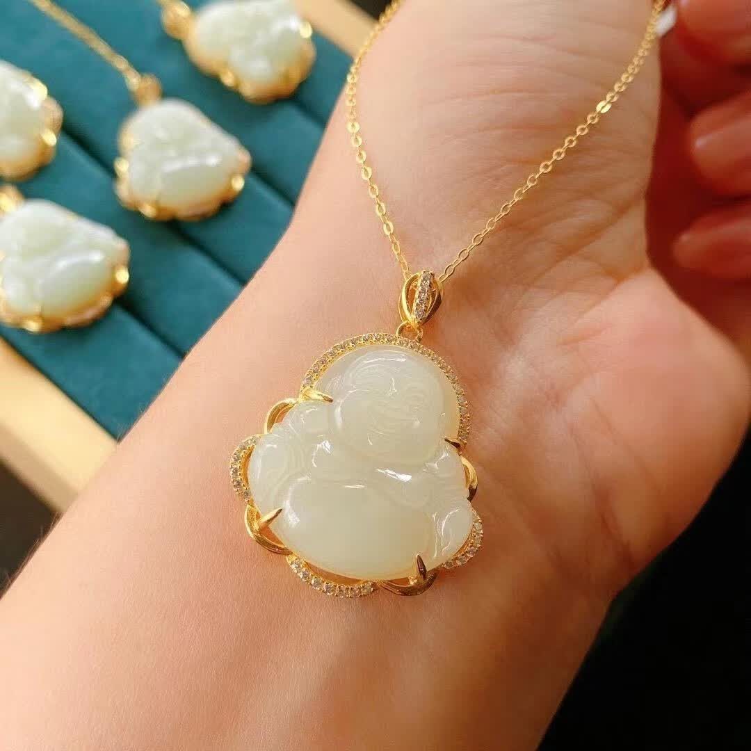 珠佩丽和田玉吊坠s925饰和田玉弥勒佛吊坠女款项链金镶嵌笑佛挂件玉坠