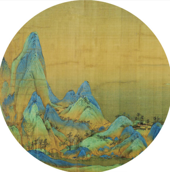 萌念自粘贴新中式山水千里江山图风景圆形装饰画茶楼会所壁画背胶画的