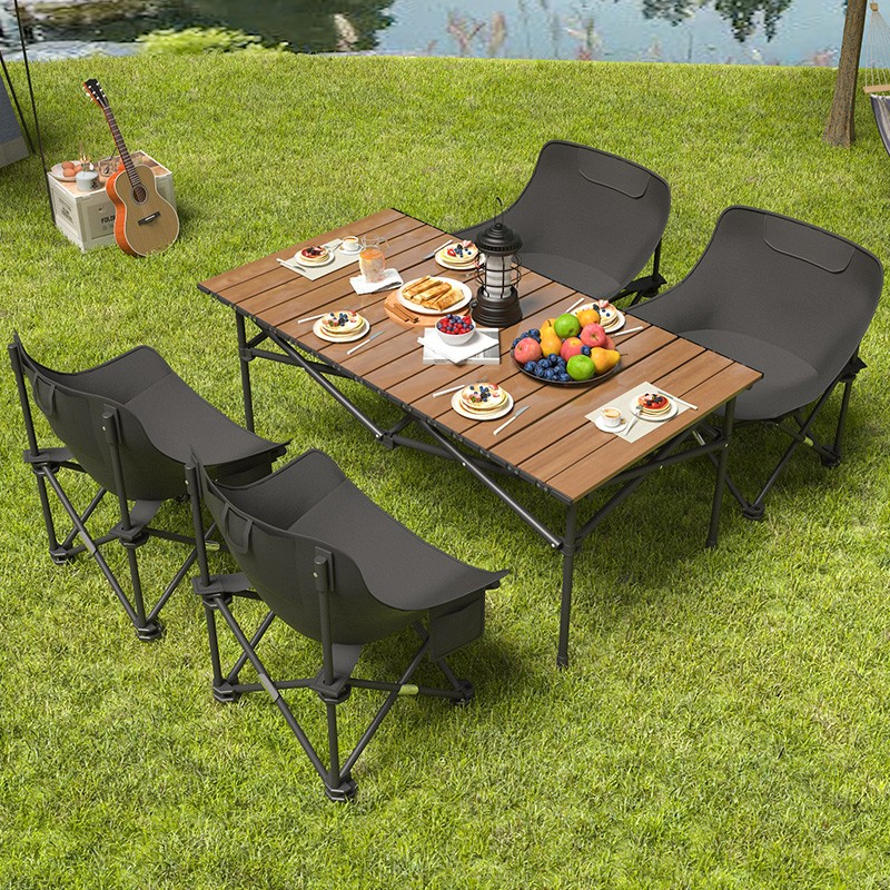 新颜值主义 户外桌椅套装便携式野营折叠桌椅子露营野餐桌椅月亮椅套装XHW03 黑椅五件套【长桌+4月亮椅】