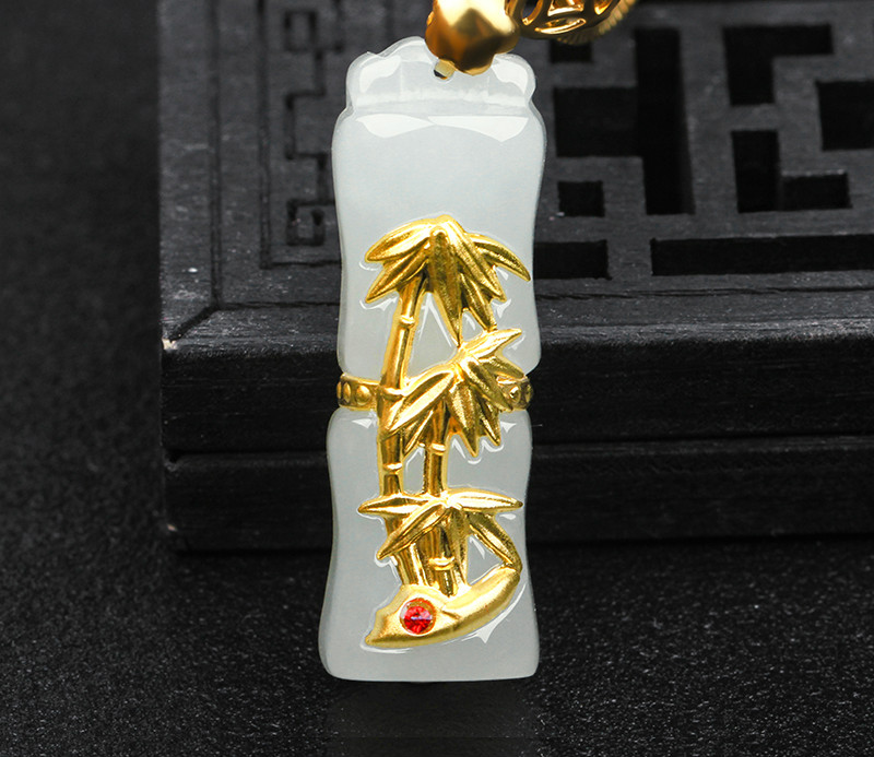 和田玉吊坠黄金镶玉竹子挂件玉竹节项链玉石男女款节节高玉坠 竹节吊