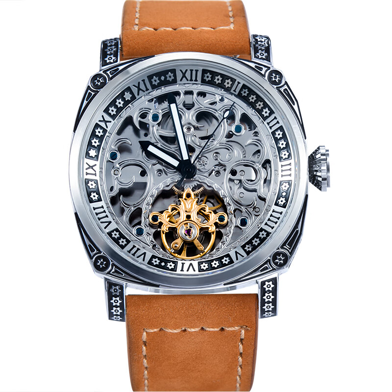 澳豪华(aohaohua)星源全自动机械表男球体飞轮手表 镂空浮雕腕表复古