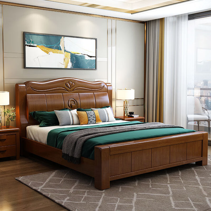 实木床1.8米双人床中式1.5米单人床主卧气压抽屉储物床家具 1.5x2.0(胡桃色) 大抽屉高箱床+10公分棕垫+2床头柜