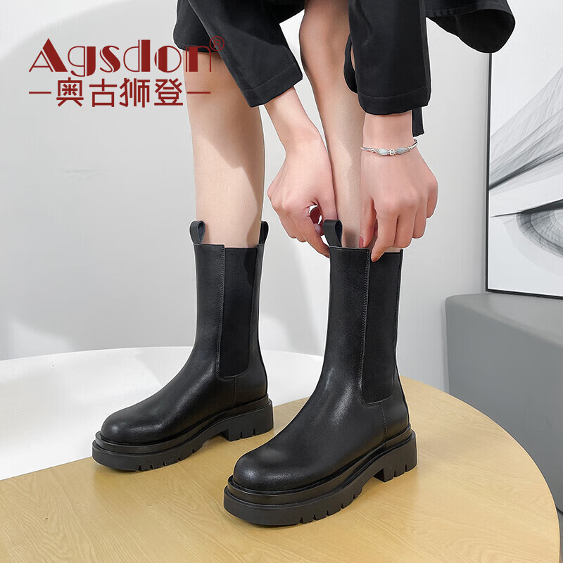 奥古狮登（Agsdon）马丁靴女2021年秋冬款中筒靴厚底增高烟筒靴松紧带女靴 60411 黑色单里【筒高16CM】35