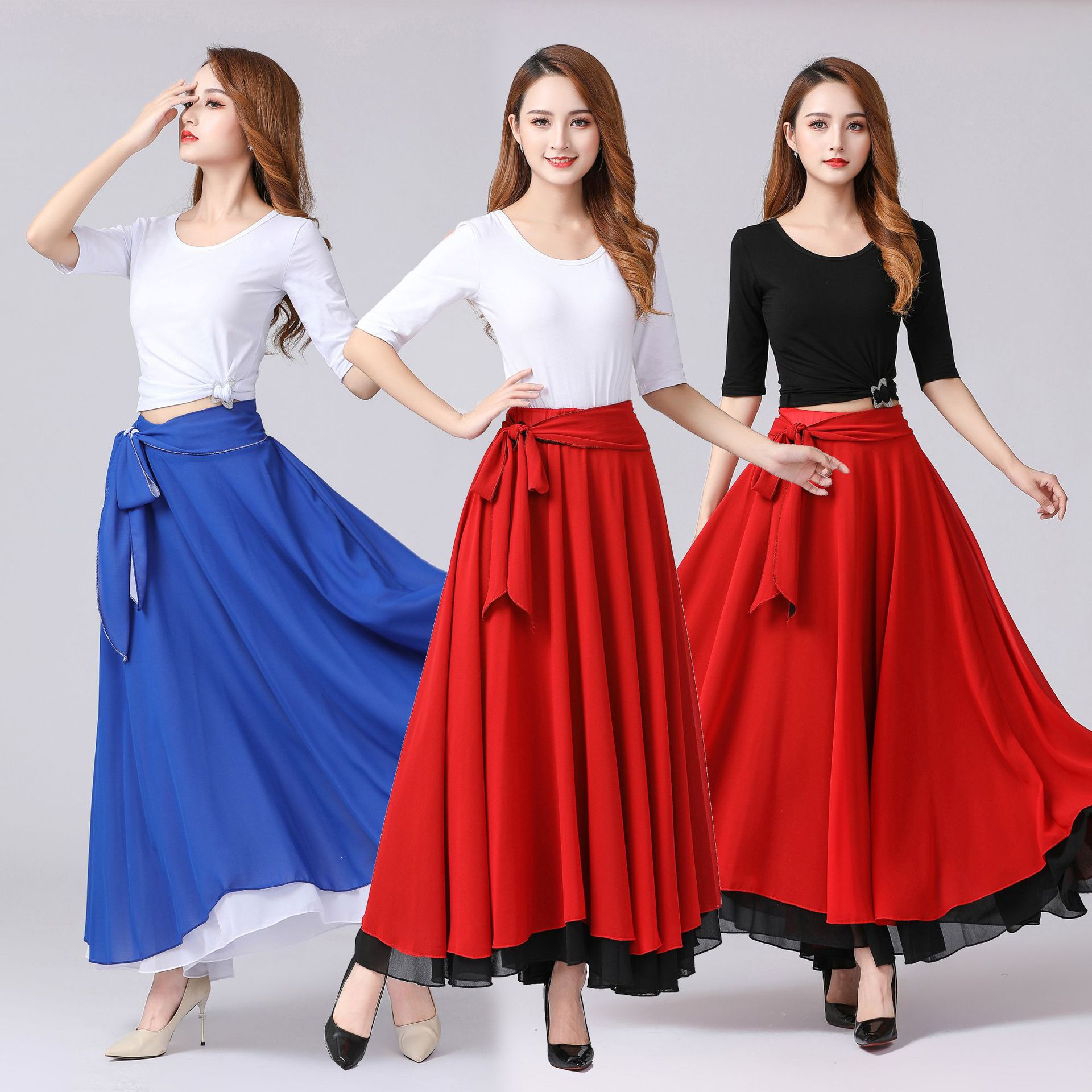 新款广场舞服装雪纺长裙套装摩登舞拉丁舞演出服女 8891白色【中袖】