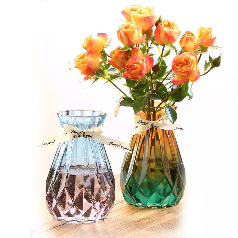 欧式创意玻璃花瓶透明水培绿萝植物玻璃花瓶家用插花客厅装饰摆件姒桀 15cm钻【兰紫+焦糖】2个 新款【加厚】高【+丝带】