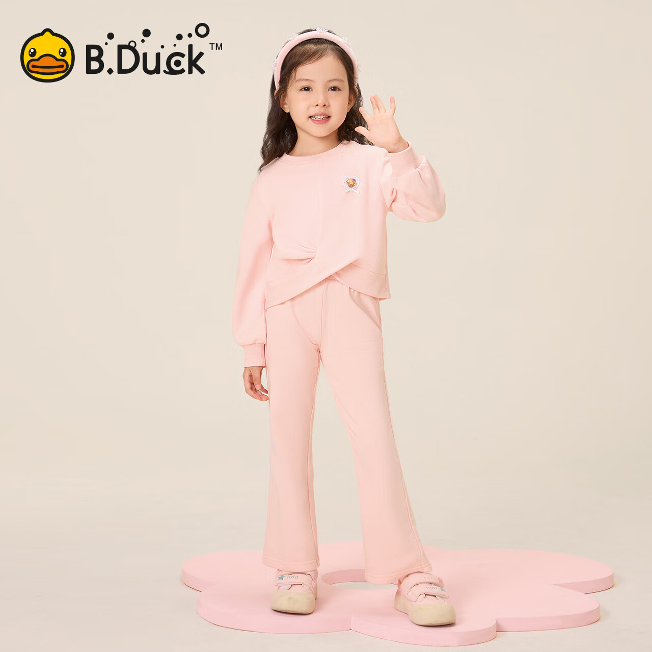 B.Duck小黄鸭童装女童套装春秋装儿童长袖运动纯色2件套潮 中花灰 130 cm